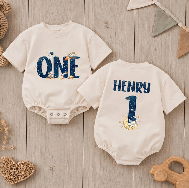 Outer Space Family Matching Shirts with Rocket and Star Artwork, Custom Name and Age, First Birthday Cake Smash Outfit Set