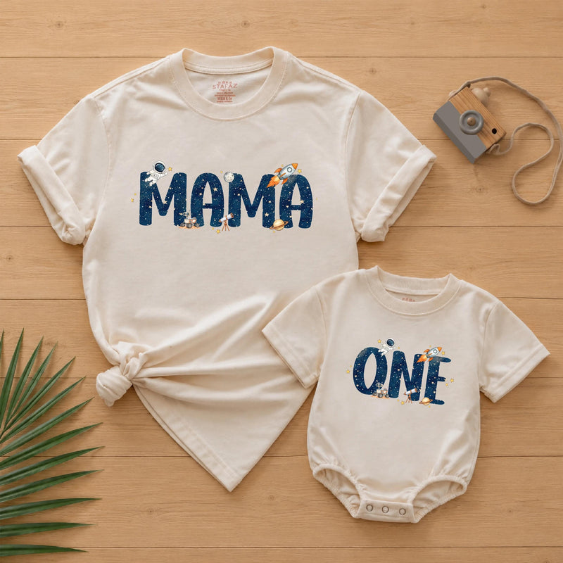 Outer Space Family Matching Shirts with Rocket and Star Artwork, Custom Name and Age, First Birthday Cake Smash Outfit Set