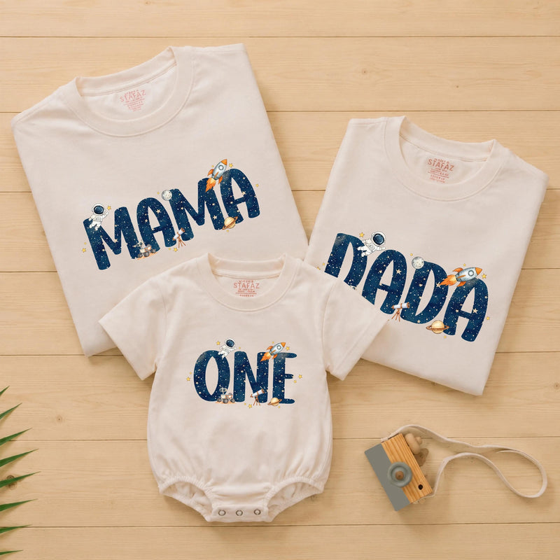 Outer Space Family Matching Shirts with Rocket and Star Artwork, Custom Name and Age, First Birthday Cake Smash Outfit Set