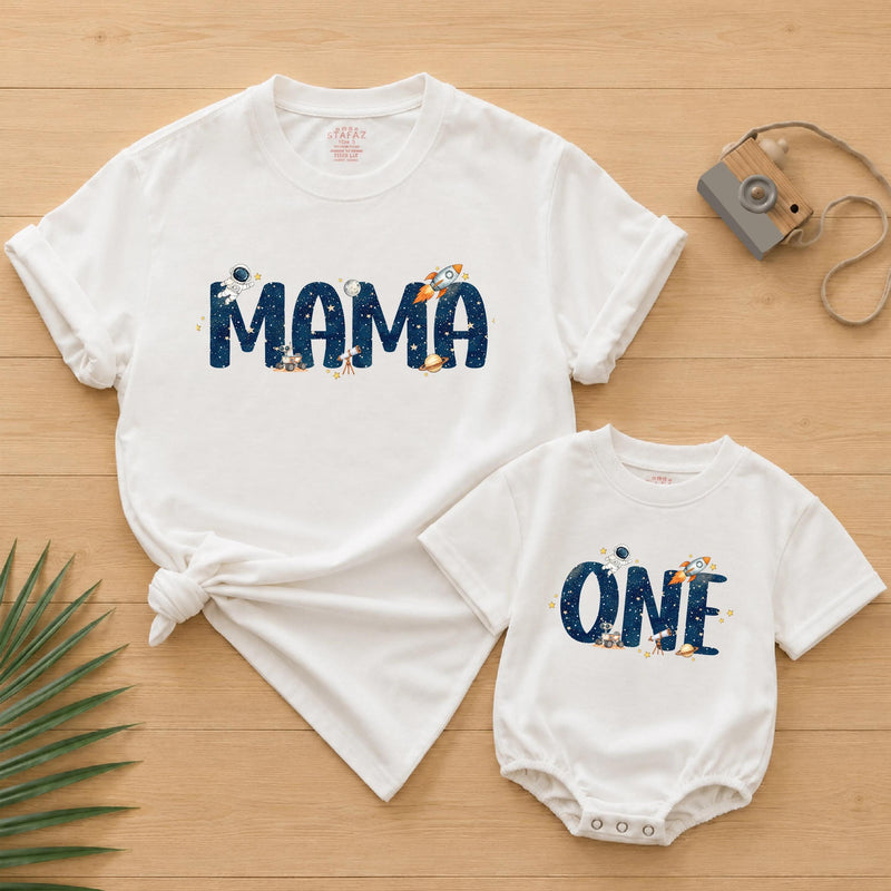 Outer Space Family Matching Shirts with Rocket and Star Artwork, Custom Name and Age, First Birthday Cake Smash Outfit Set
