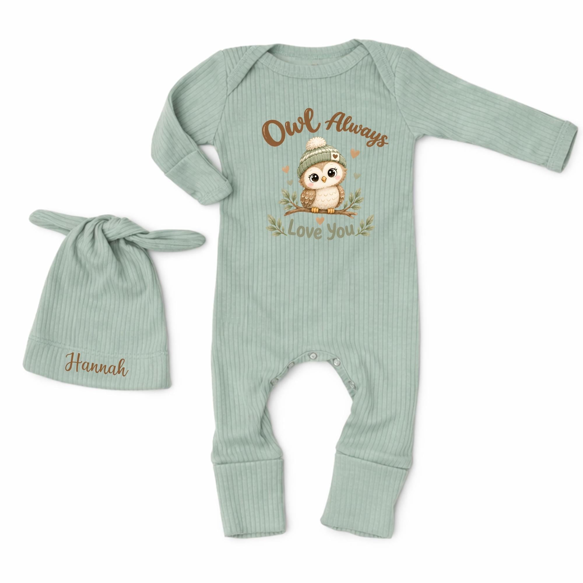 Owl Always Love You Baby Bodysuit with Woodland Animal Graphic and Custom Name Hat, Newborn Coming Home Outfit