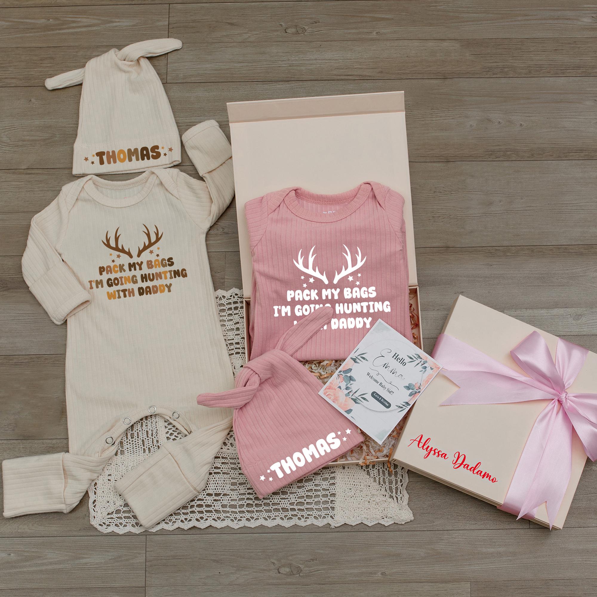 Pack My Bags I'm Going Hunting with Daddy Baby Bodysuit and Hat Set, Custom Name Newborn Outfit, Baby Shower Gift