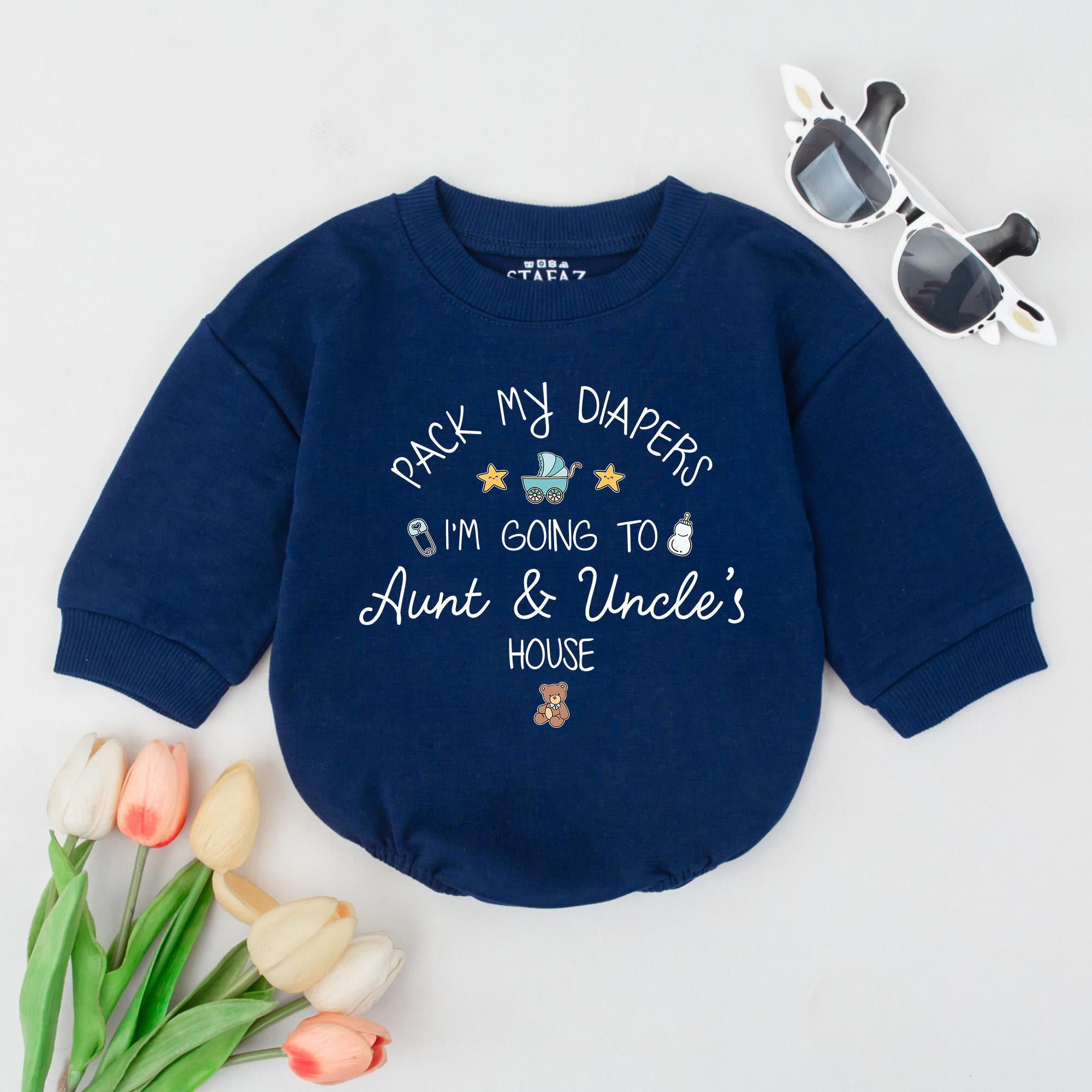 Pack My Diapers Baby Romper Funny Aunt Uncle Outfit Personalized Gift Cute Toddler Clothes with Baby Carriage and Teddy Bear Design