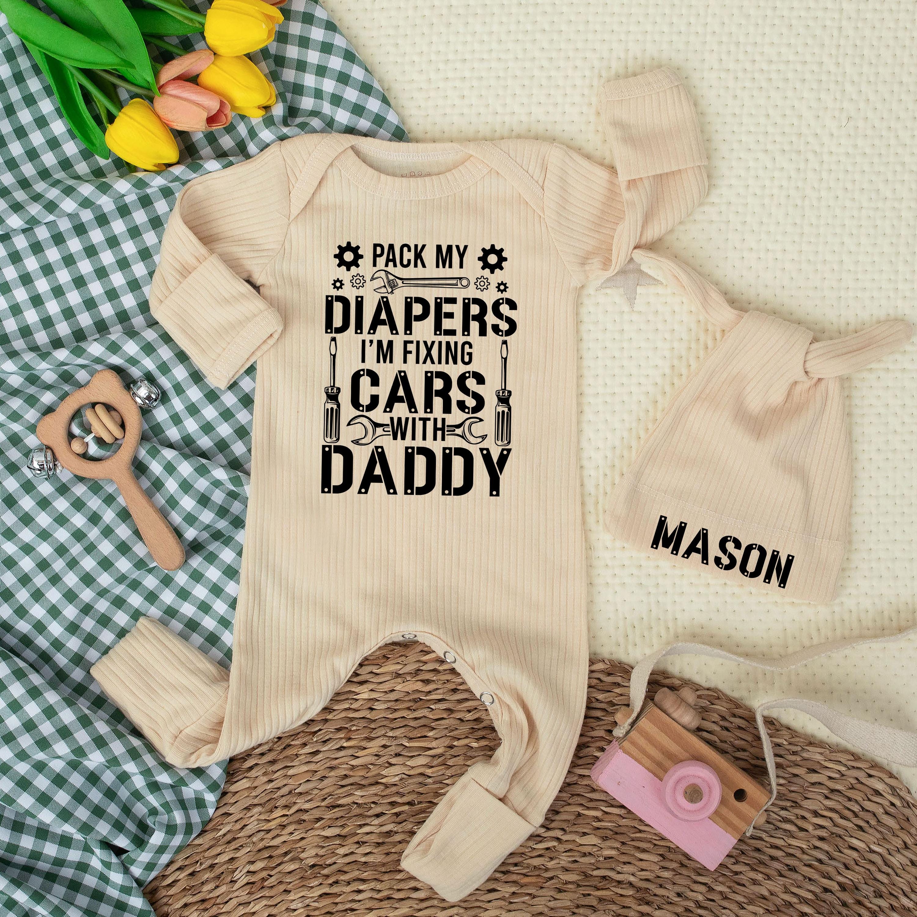 Pack My Diapers I'm Fixing Cars with Daddy Baby Bodysuit and Custom Name Hat, Funny Mechanic Newborn Outfit, Baby Shower Gift