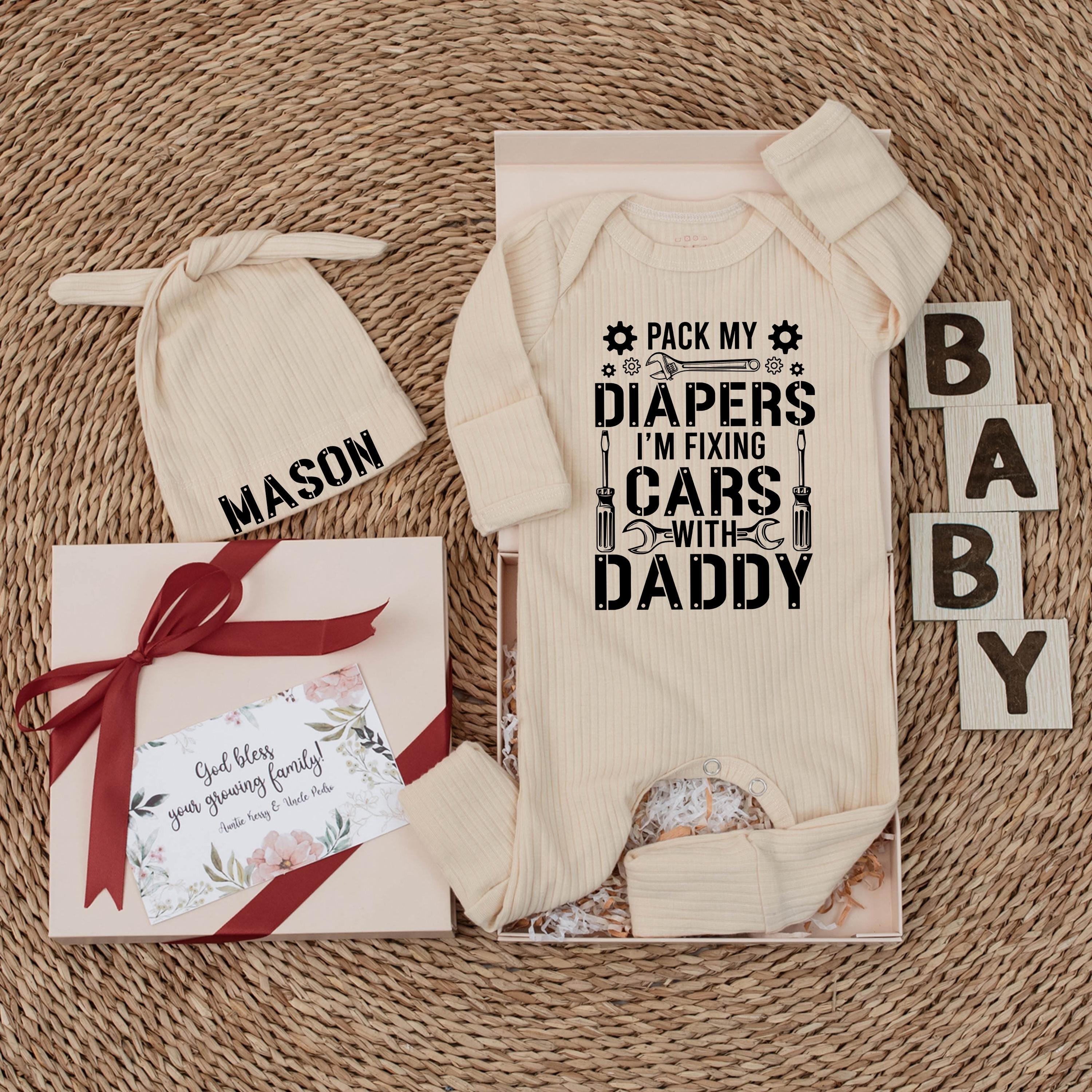 Pack My Diapers I'm Fixing Cars with Daddy Baby Bodysuit and Custom Name Hat, Funny Mechanic Newborn Outfit, Baby Shower Gift