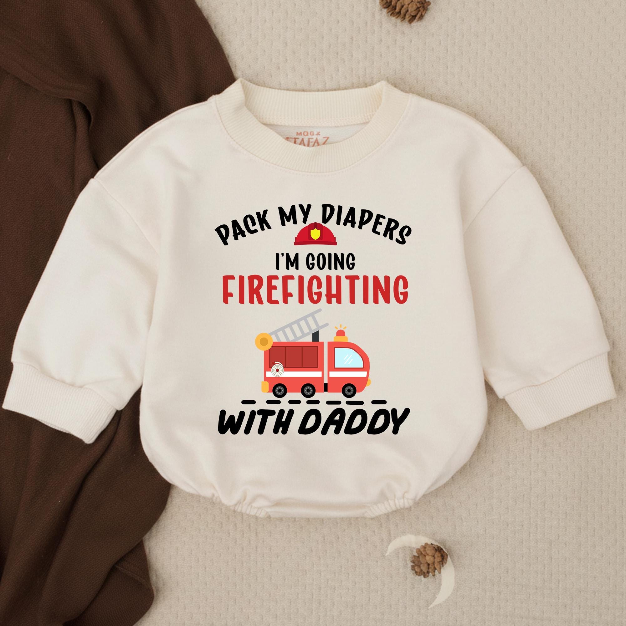 Pack My Diapers I'm Going Firefighting Baby Bubble Romper with Fire Truck Artwork, Funny Infant Outfit for Baby Shower Gift