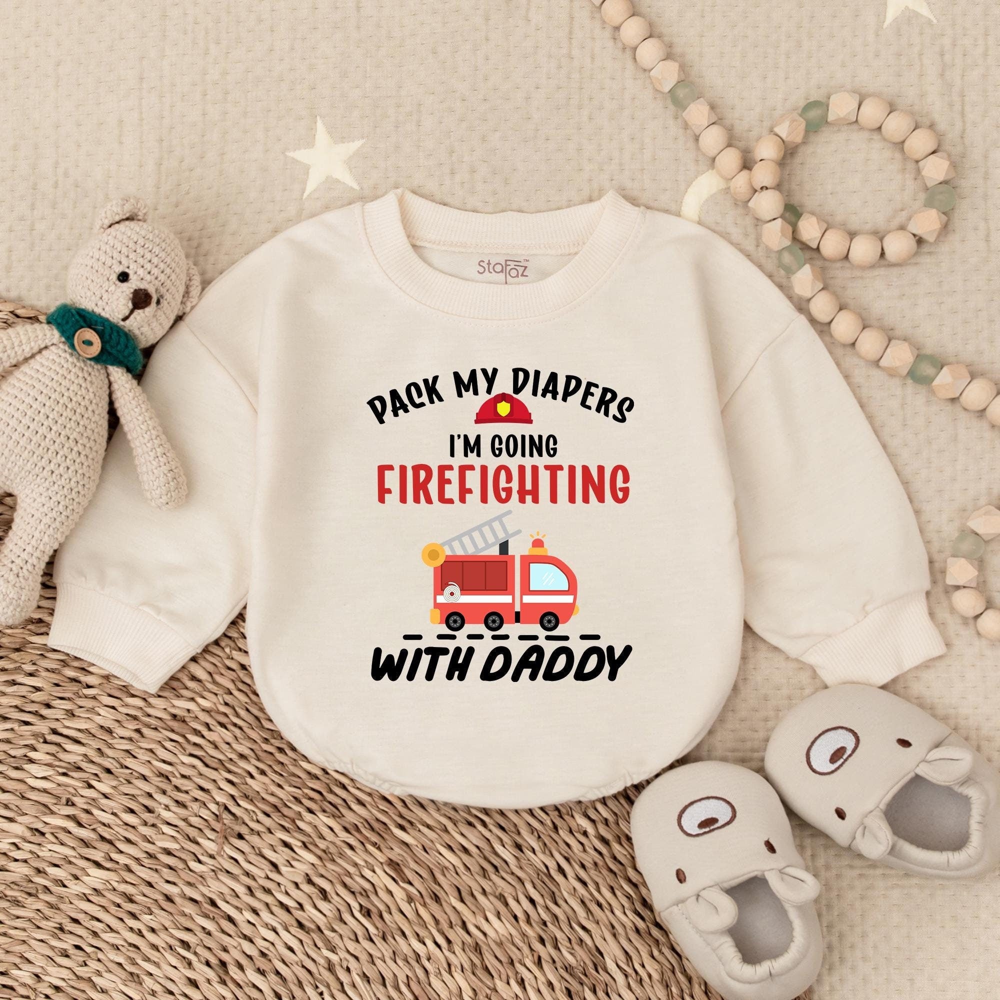 Pack My Diapers I'm Going Firefighting Baby Bubble Romper with Fire Truck Artwork, Funny Infant Outfit for Baby Shower Gift
