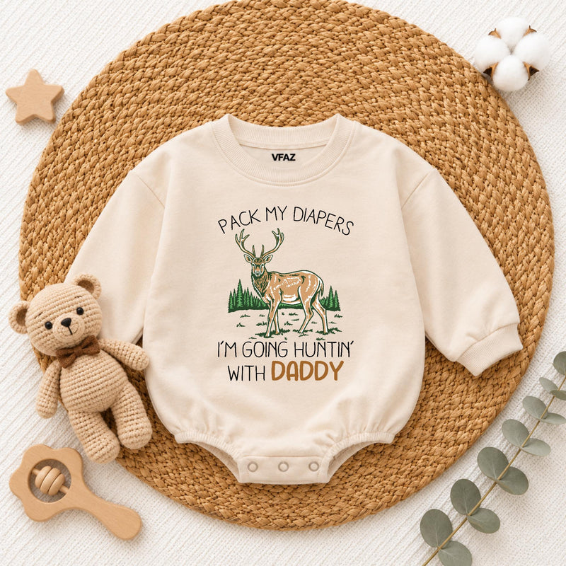 Pack My Diapers I'm Going Hunting with Daddy Baby Romper, Cute Deer Graphic Long Sleeve Outfit, Soft Cotton Baby Shower Gift Clothes