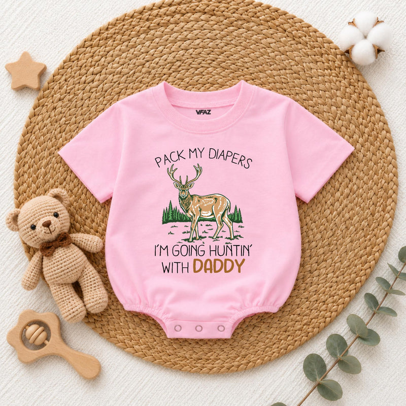 Pack My Diapers I'm Going Hunting with Daddy Baby Romper, Cute Deer Graphic Long Sleeve Outfit, Soft Cotton Baby Shower Gift Clothes
