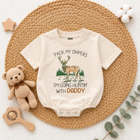Pack My Diapers I'm Going Hunting with Daddy Baby Romper, Cute Deer Graphic Long Sleeve Outfit, Soft Cotton Baby Shower Gift Clothes