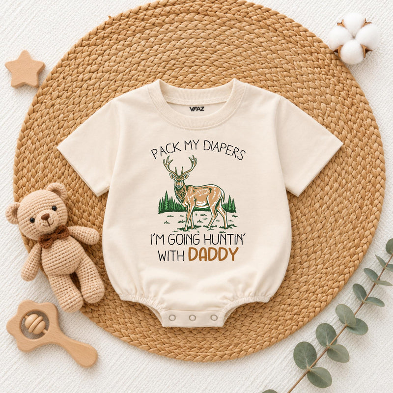 Pack My Diapers I'm Going Hunting with Daddy Baby Romper, Cute Deer Graphic Long Sleeve Outfit, Soft Cotton Baby Shower Gift Clothes