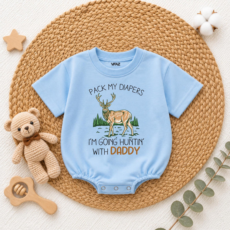 Pack My Diapers I'm Going Hunting with Daddy Baby Romper, Cute Deer Graphic Long Sleeve Outfit, Soft Cotton Baby Shower Gift Clothes