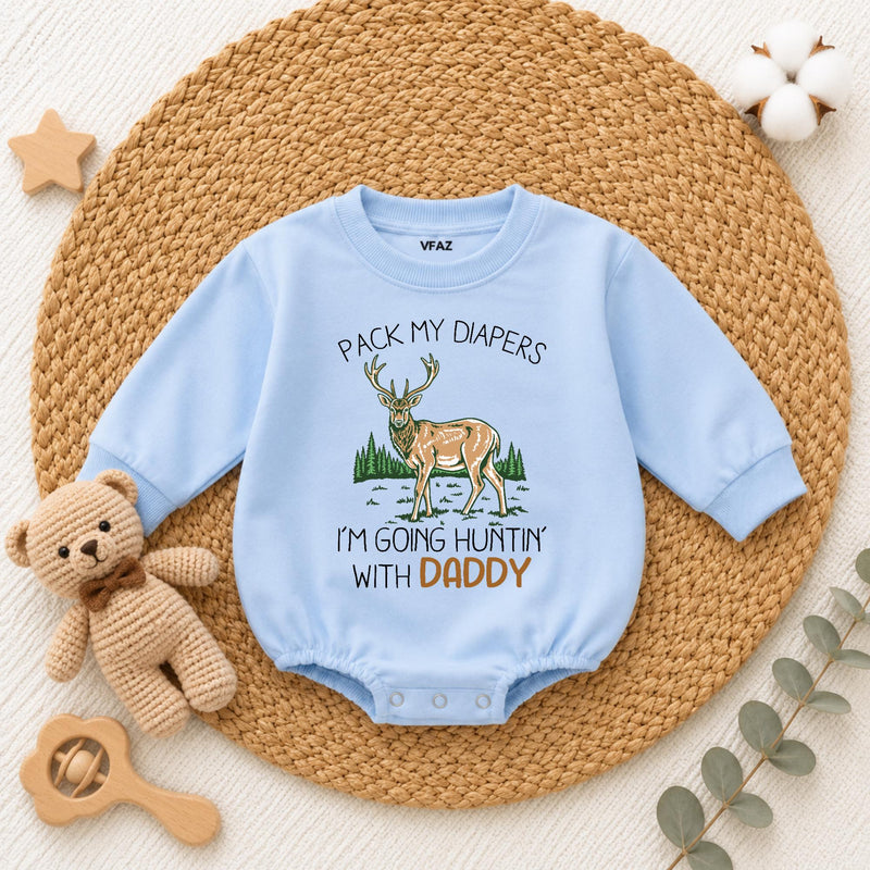 Pack My Diapers I'm Going Hunting with Daddy Baby Romper, Cute Deer Graphic Long Sleeve Outfit, Soft Cotton Baby Shower Gift Clothes