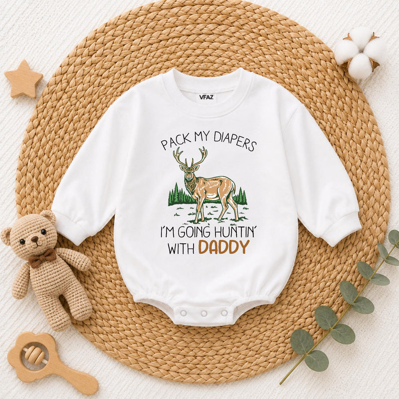 Pack My Diapers I'm Going Hunting with Daddy Baby Romper, Cute Deer Graphic Long Sleeve Outfit, Soft Cotton Baby Shower Gift Clothes