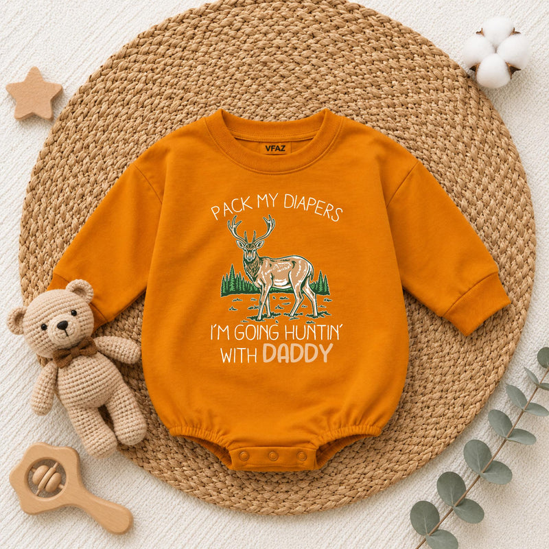 Pack My Diapers I'm Going Hunting with Daddy Baby Romper, Cute Deer Graphic Long Sleeve Outfit, Soft Cotton Baby Shower Gift Clothes