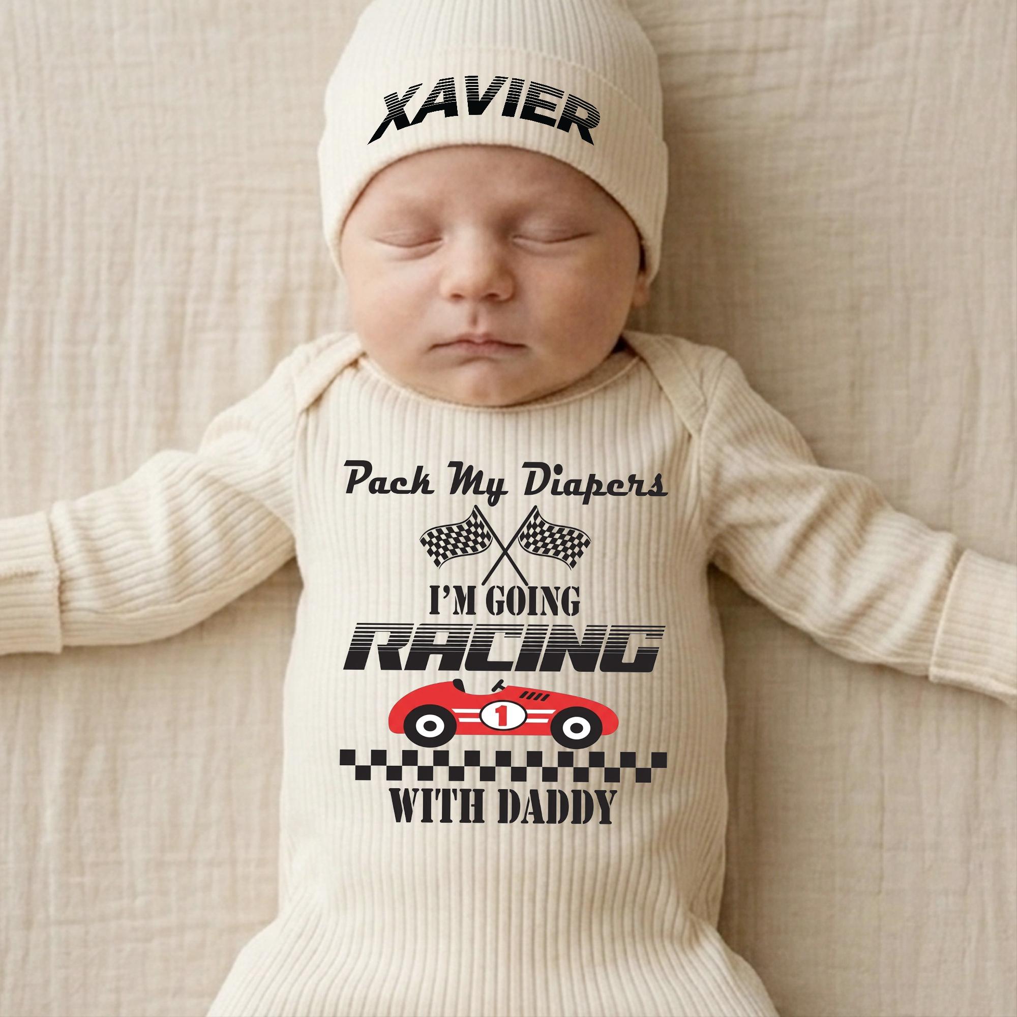 Pack My Diapers I'm Going Racing Baby Bodysuit with Car Graphic and Custom Name Hat, Newborn Daddy Coming Home Outfit