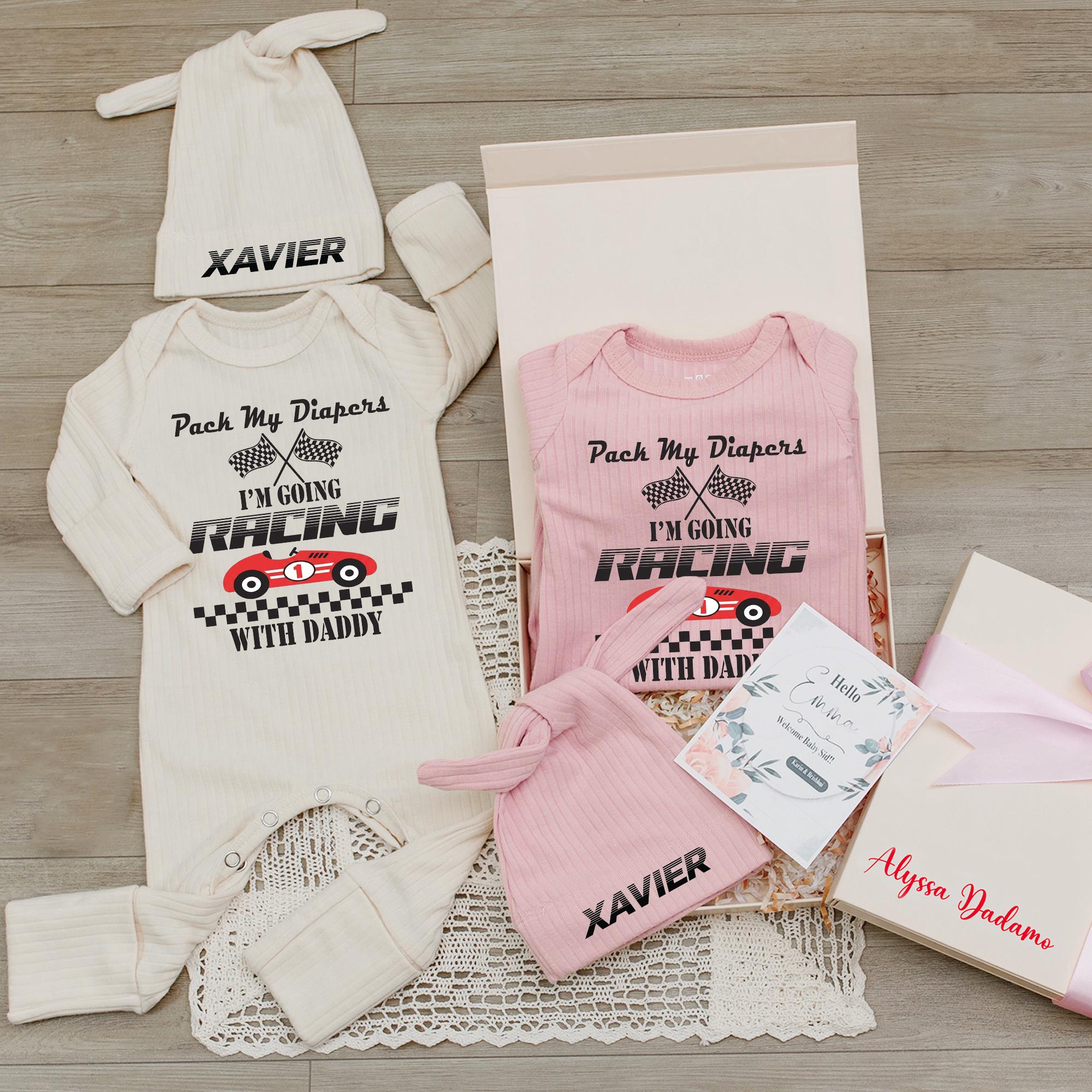 Pack My Diapers I'm Going Racing Baby Bodysuit with Car Graphic and Custom Name Hat, Newborn Daddy Coming Home Outfit