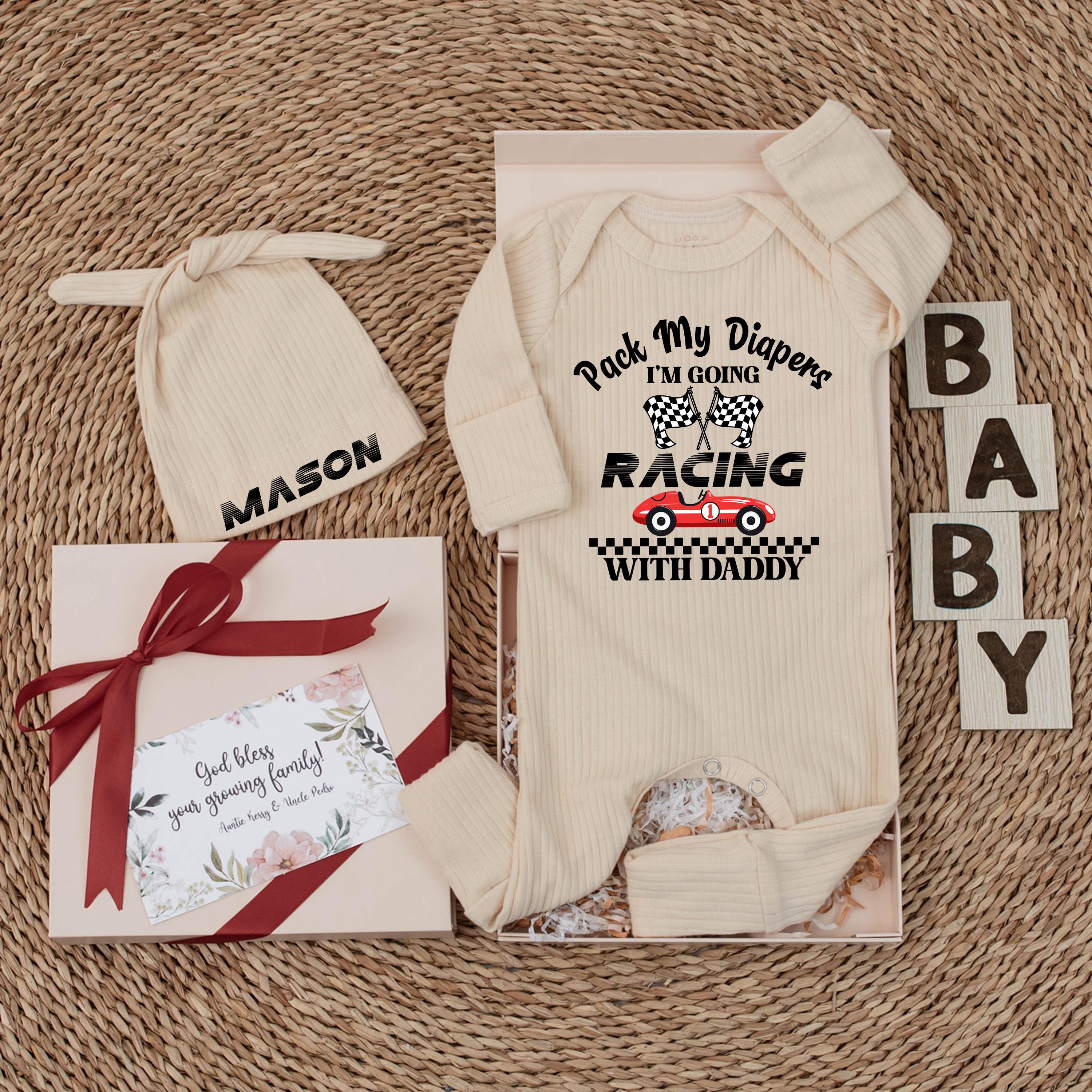 Pack My Diapers I'm Going Racing with Daddy Baby Bodysuit and Custom Name Hat, Race Car Newborn Outfit, Baby Shower Gift for Dad