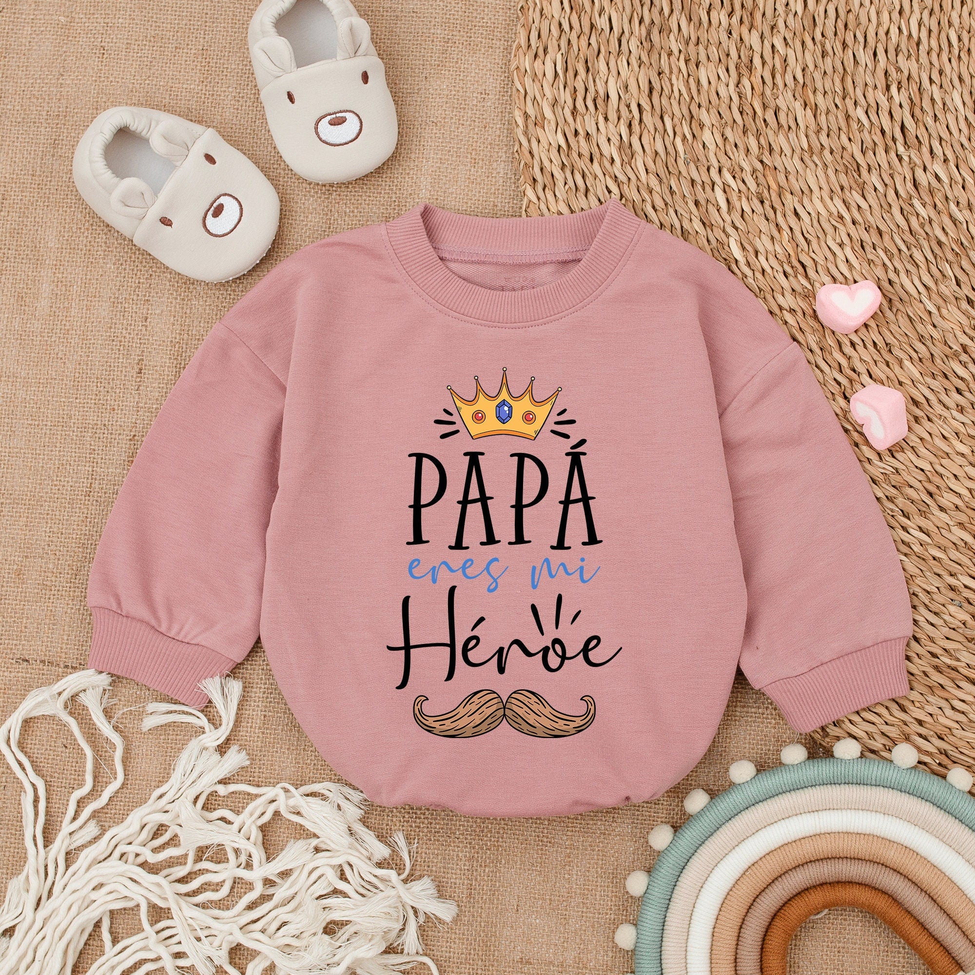 Papa Is My Hero Spanish Baby Girl Romper with Crown Mustache Father's Day Gift Outfit Soft Cotton Playful Design