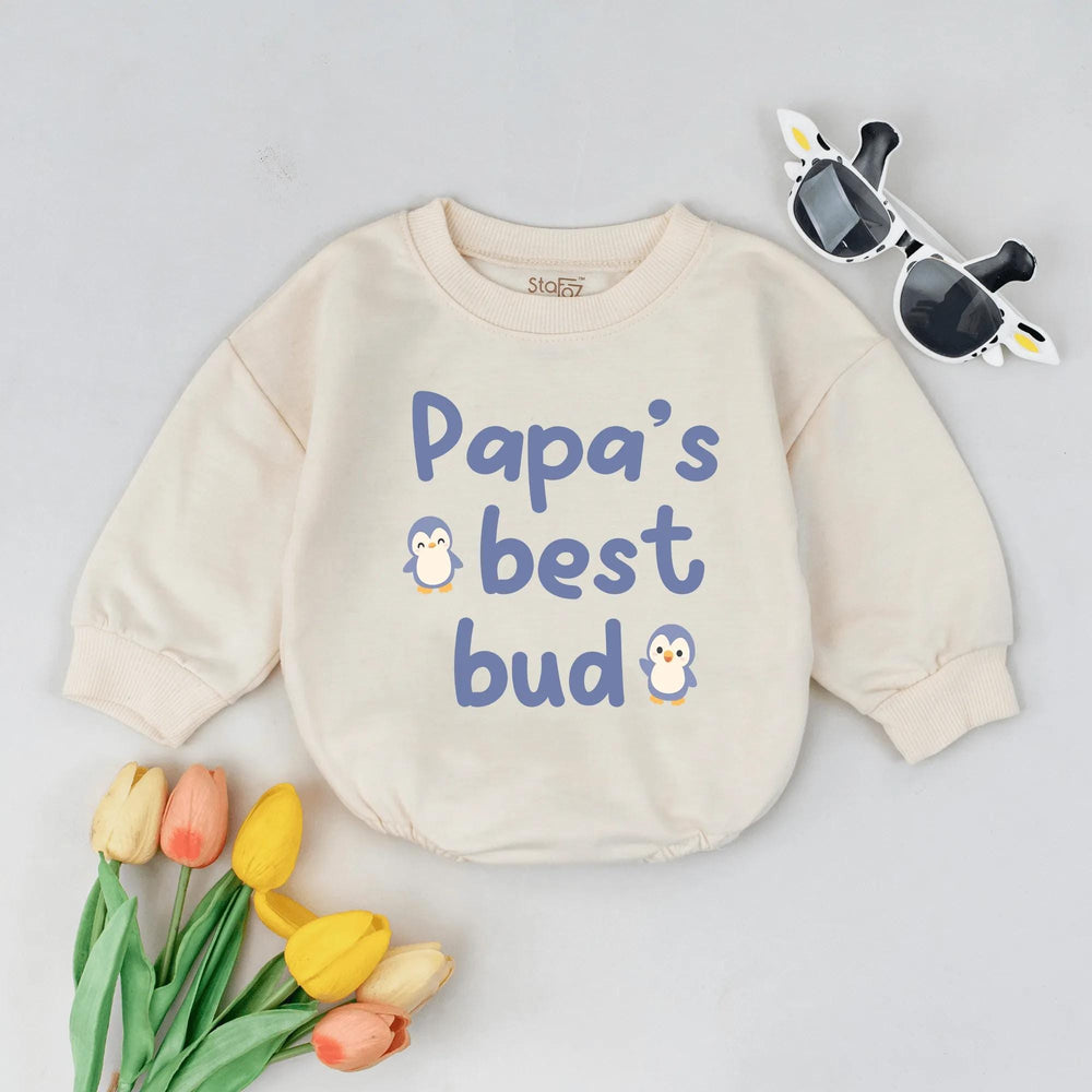 Papa’s Best Bud Baby Romper with Cute Penguin Design Soft Cotton Bodysuit Fun Infant Outfit Perfect Baby Shower Gift for Boys or Girls
