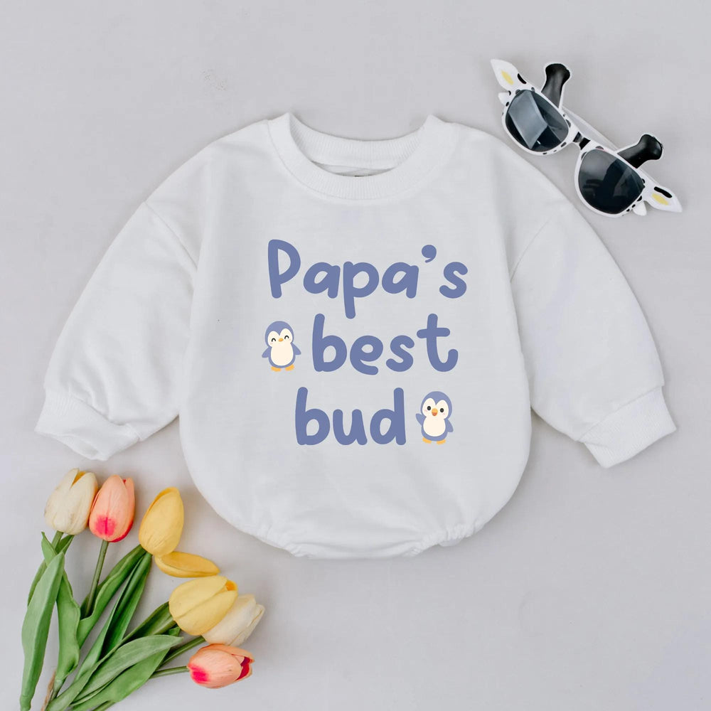 Papa’s Best Bud Baby Romper with Cute Penguin Design Soft Cotton Bodysuit Fun Infant Outfit Perfect Baby Shower Gift for Boys or Girls