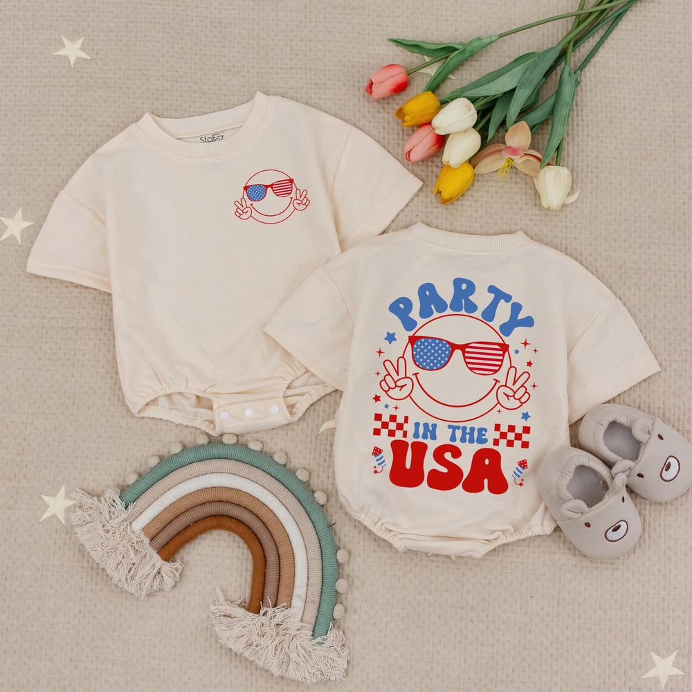 Party in the USA Baby Romper Smiley Face 4th of July Outfit Infant Girl Bodysuit Patriotic Bow Independence Day Retro America Design
