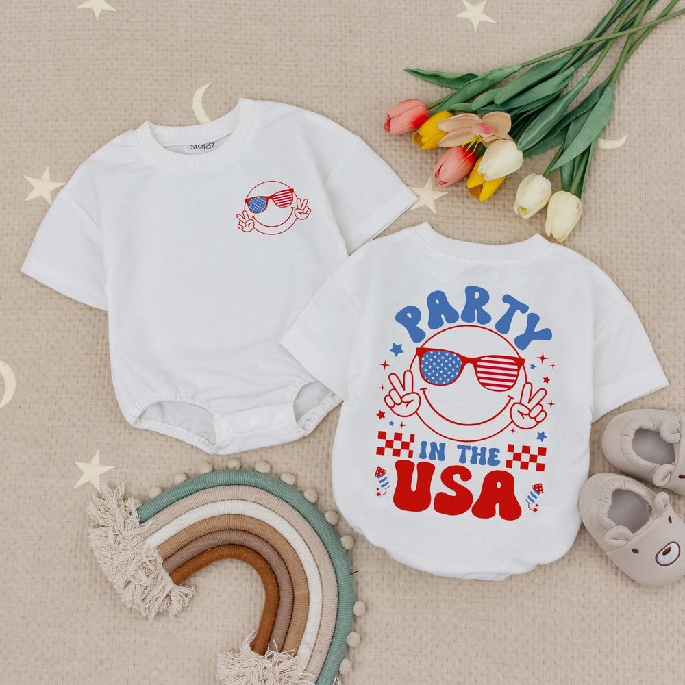 Party in the USA Baby Romper Smiley Face 4th of July Outfit Infant Girl Bodysuit Patriotic Bow Independence Day Retro America Design