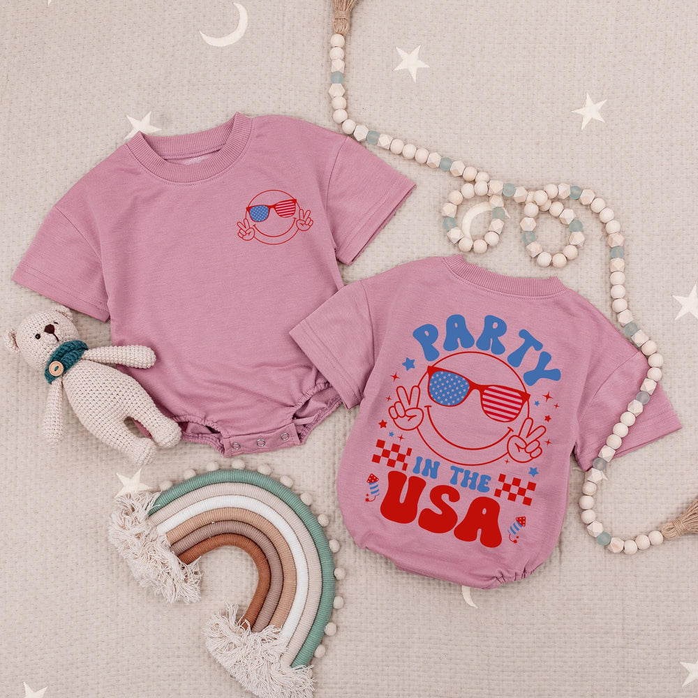 Party in the USA Baby Romper Smiley Face 4th of July Outfit Infant Girl Bodysuit Patriotic Bow Independence Day Retro America Design