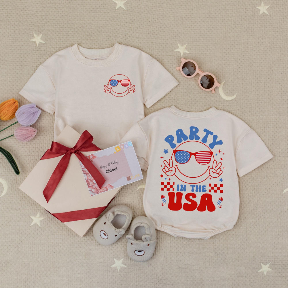 Party in the USA Baby Romper Smiley Face 4th of July Outfit Infant Girl Bodysuit Patriotic Bow Independence Day Retro America Design