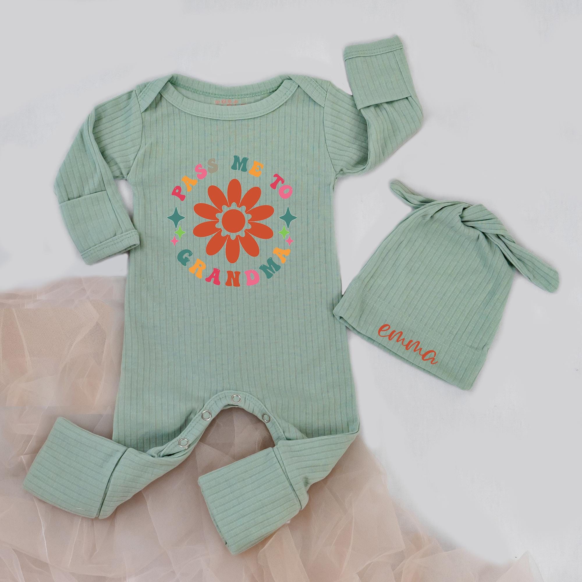 Pass Me to Grandma Baby Bodysuit with Retro Flower Design Personalized Newborn Outfit Custom Name Hat Baby Shower Gift 70s-Inspired Clothes