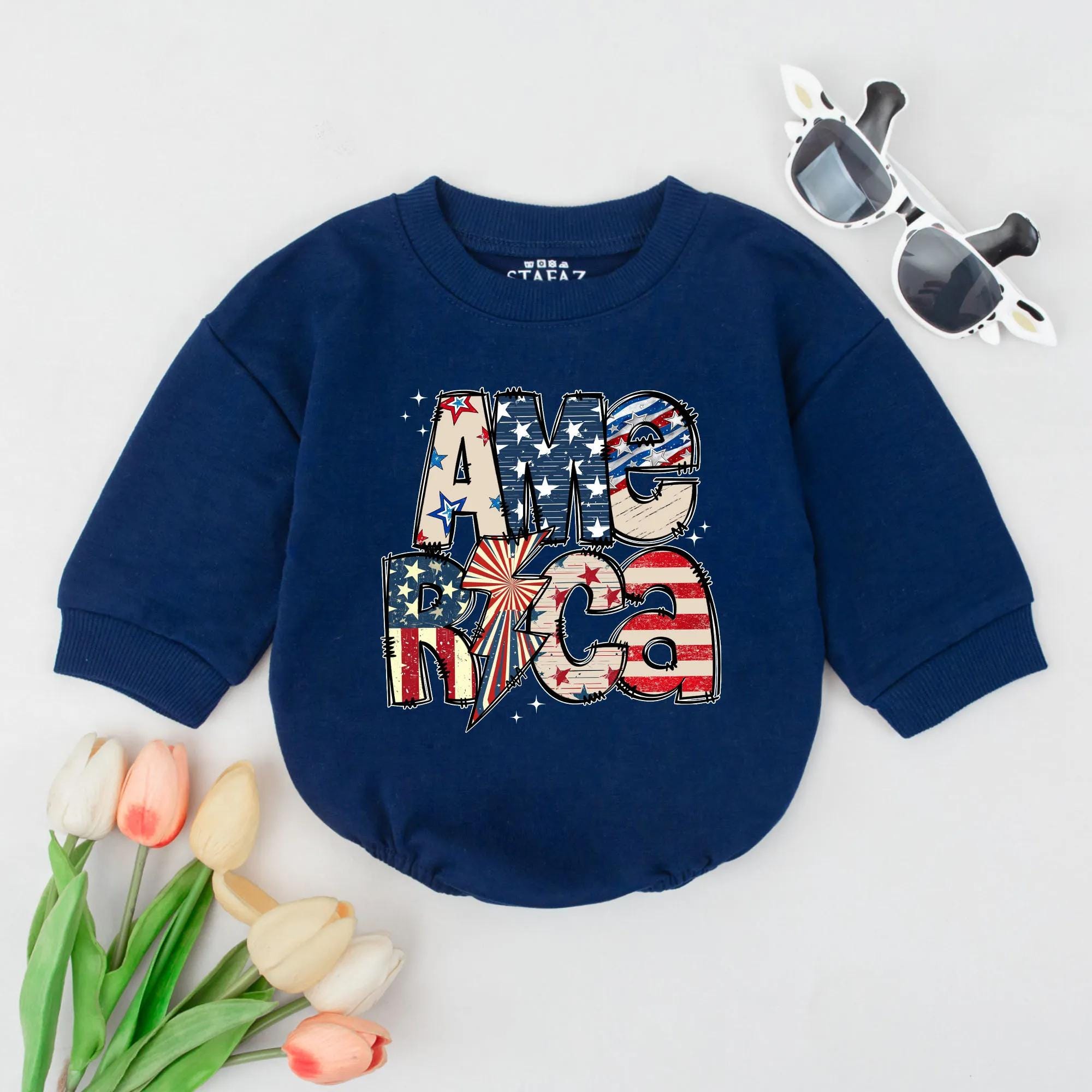 Patriotic Baby Bubble Romper America Flag Design Toddler Outfit Red White Blue Long Sleeve Independence Day Gift for Boys Girls