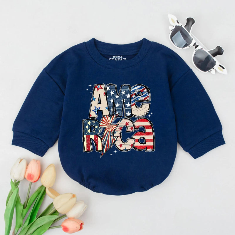 Patriotic Baby Bubble Romper America Flag Design Toddler Outfit Red White Blue Long Sleeve Independence Day Gift for Boys Girls