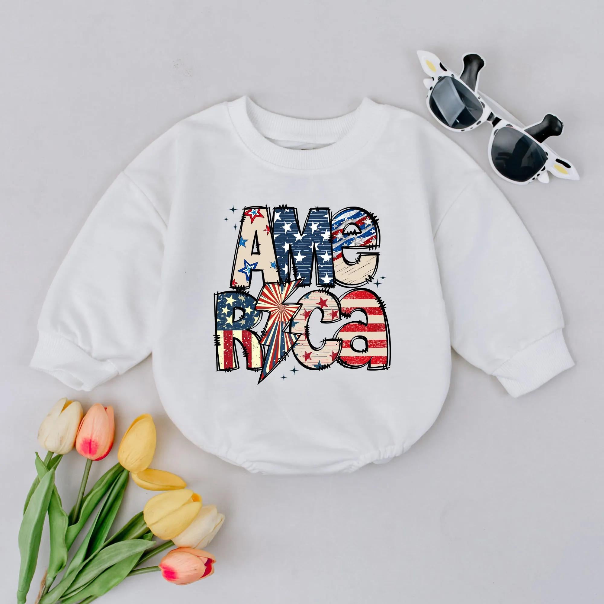 Patriotic Baby Bubble Romper America Flag Design Toddler Outfit Red White Blue Long Sleeve Independence Day Gift for Boys Girls