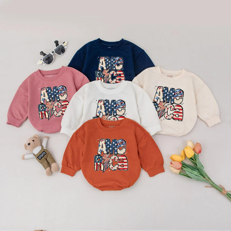 Patriotic Baby Bubble Romper America Flag Design Toddler Outfit Red White Blue Long Sleeve Independence Day Gift for Boys Girls