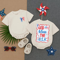 Patriotic Baby Girl Romper God Bless USA Stars Flag Festive 4th of July Toddler Outfit Red Blue Bow Soft Summer Infant Clothes Gift