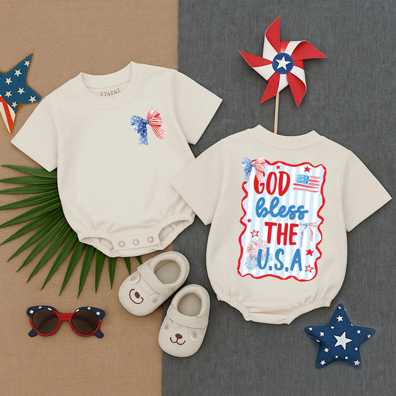 Patriotic Baby Girl Romper God Bless USA Stars Flag Festive 4th of July Toddler Outfit Red Blue Bow Soft Summer Infant Clothes Gift