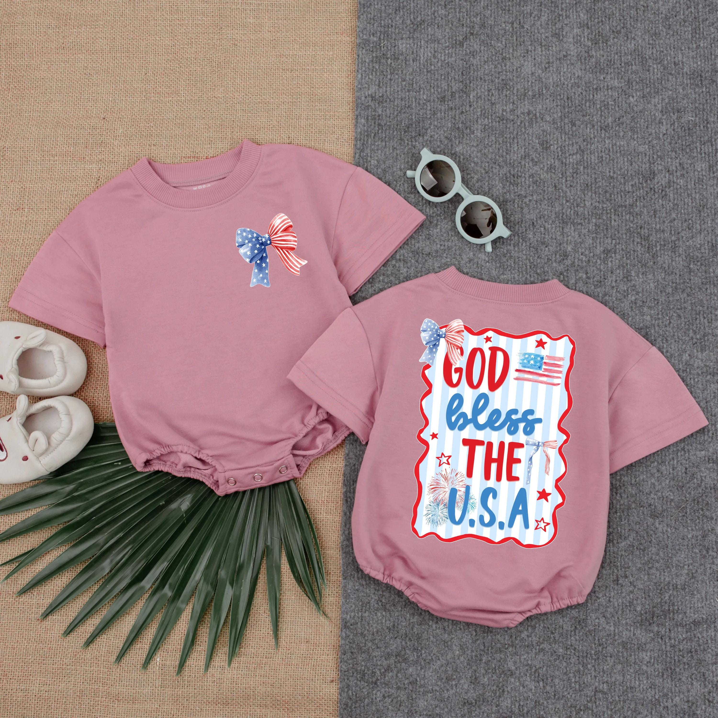 Patriotic Baby Girl Romper God Bless USA Stars Flag Festive 4th of July Toddler Outfit Red Blue Bow Soft Summer Infant Clothes Gift