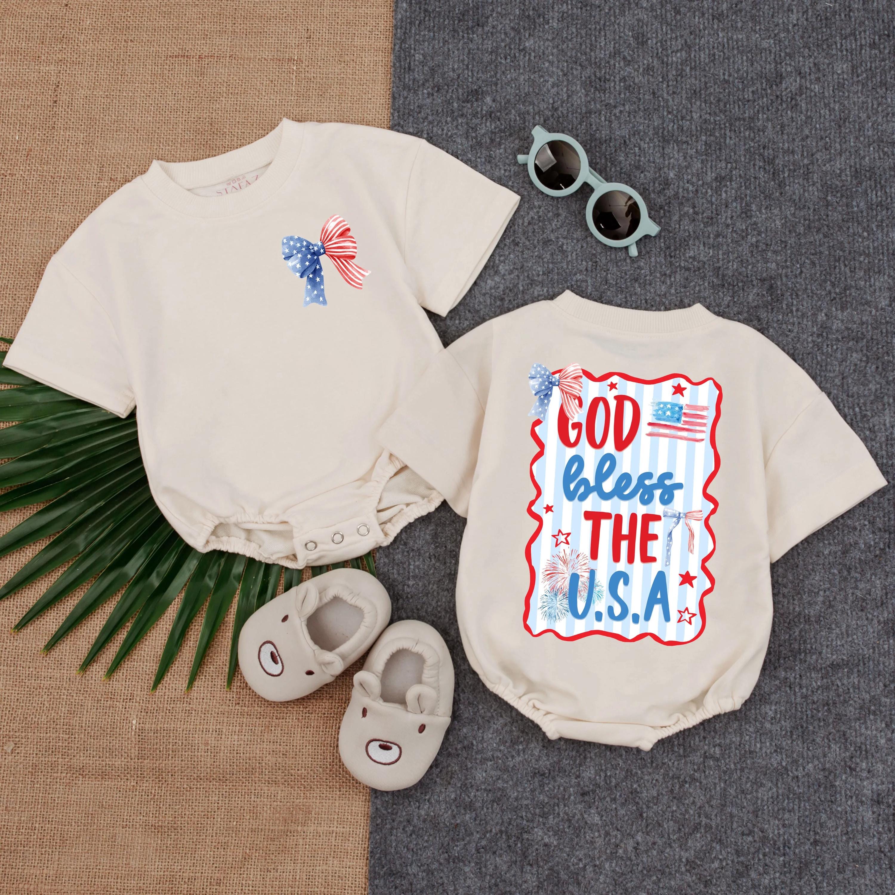 Patriotic Baby Girl Romper God Bless USA Stars Flag Festive 4th of July Toddler Outfit Red Blue Bow Soft Summer Infant Clothes Gift