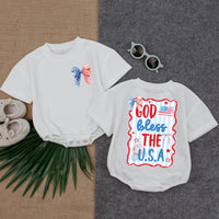 Patriotic Baby Girl Romper God Bless USA Stars Flag Festive 4th of July Toddler Outfit Red Blue Bow Soft Summer Infant Clothes Gift