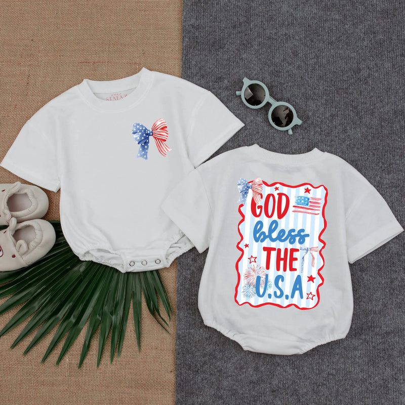 Patriotic Baby Girl Romper God Bless USA Stars Flag Festive 4th of July Toddler Outfit Red Blue Bow Soft Summer Infant Clothes Gift