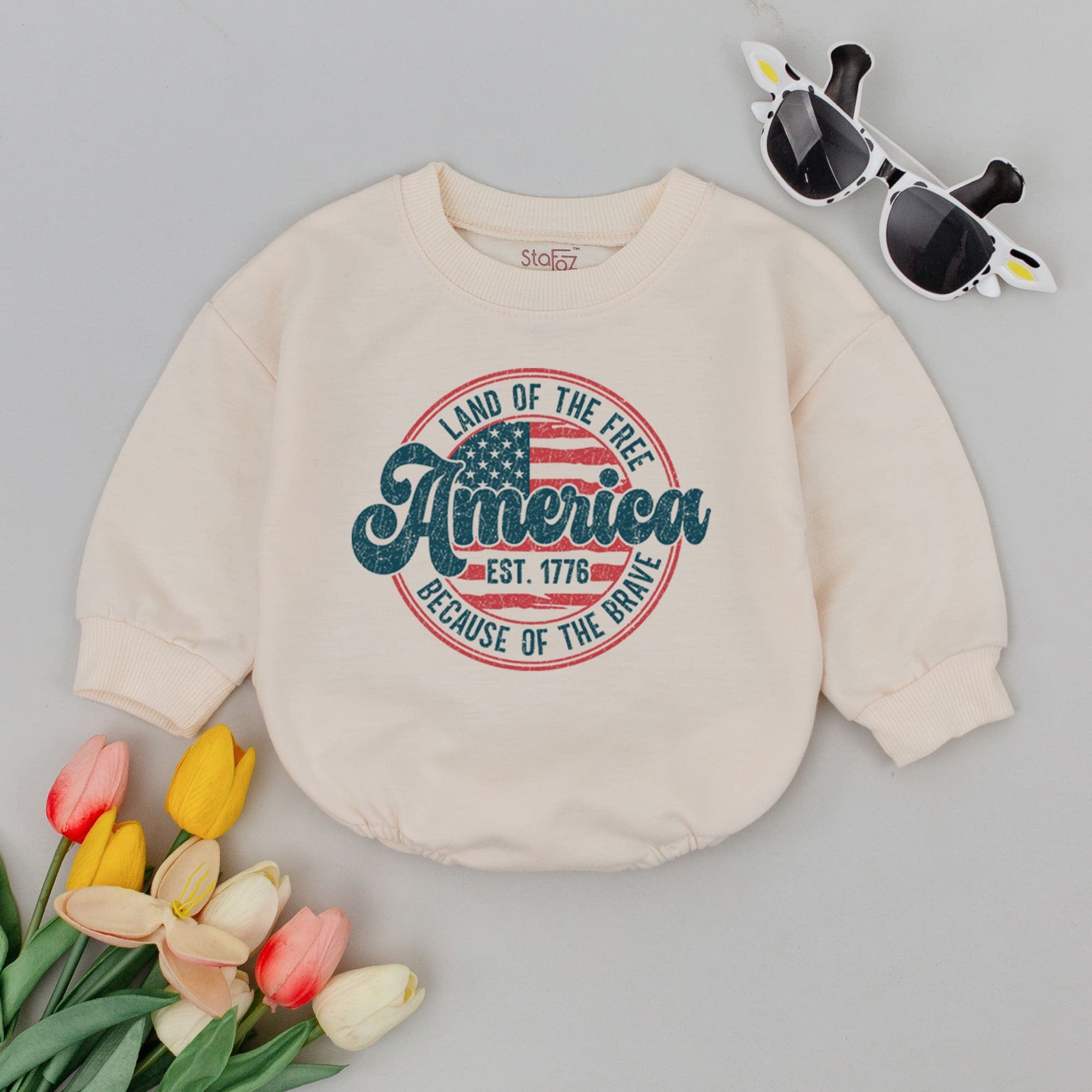 Patriotic Baby Romper with America Graphic Retro Style 1st Fourth of July Infant Outfit Soft Cotton Memorial Newborn Holiday Gift