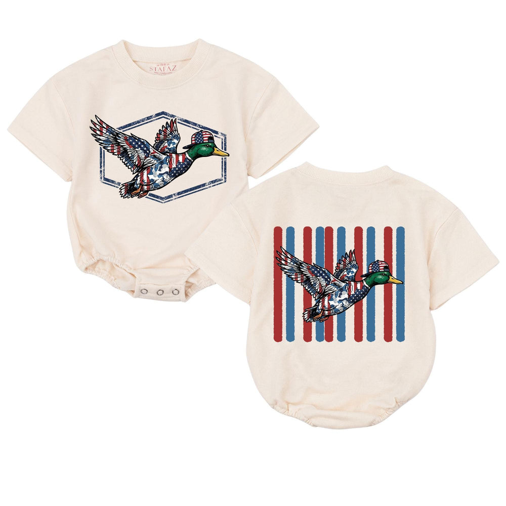 Patriotic Baby Romper with Flying Mallard Duck American Flag Print 4th of July Outfit Rustic Vintage-Style Bodysuit Gift for Girls