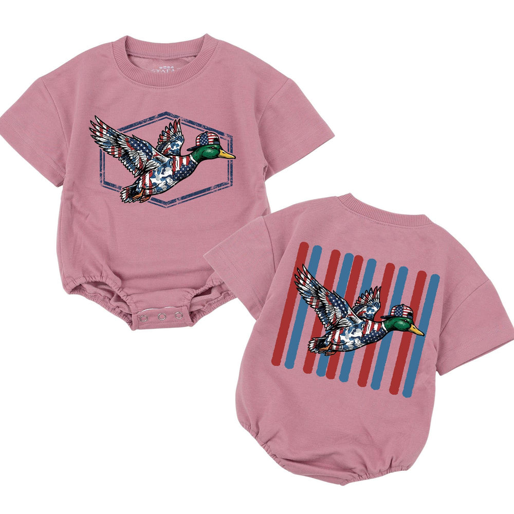 Patriotic Baby Romper with Flying Mallard Duck American Flag Print 4th of July Outfit Rustic Vintage-Style Bodysuit Gift for Girls