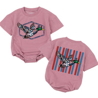 Patriotic Baby Romper with Flying Mallard Duck American Flag Print 4th of July Outfit Rustic Vintage-Style Bodysuit Gift for Girls