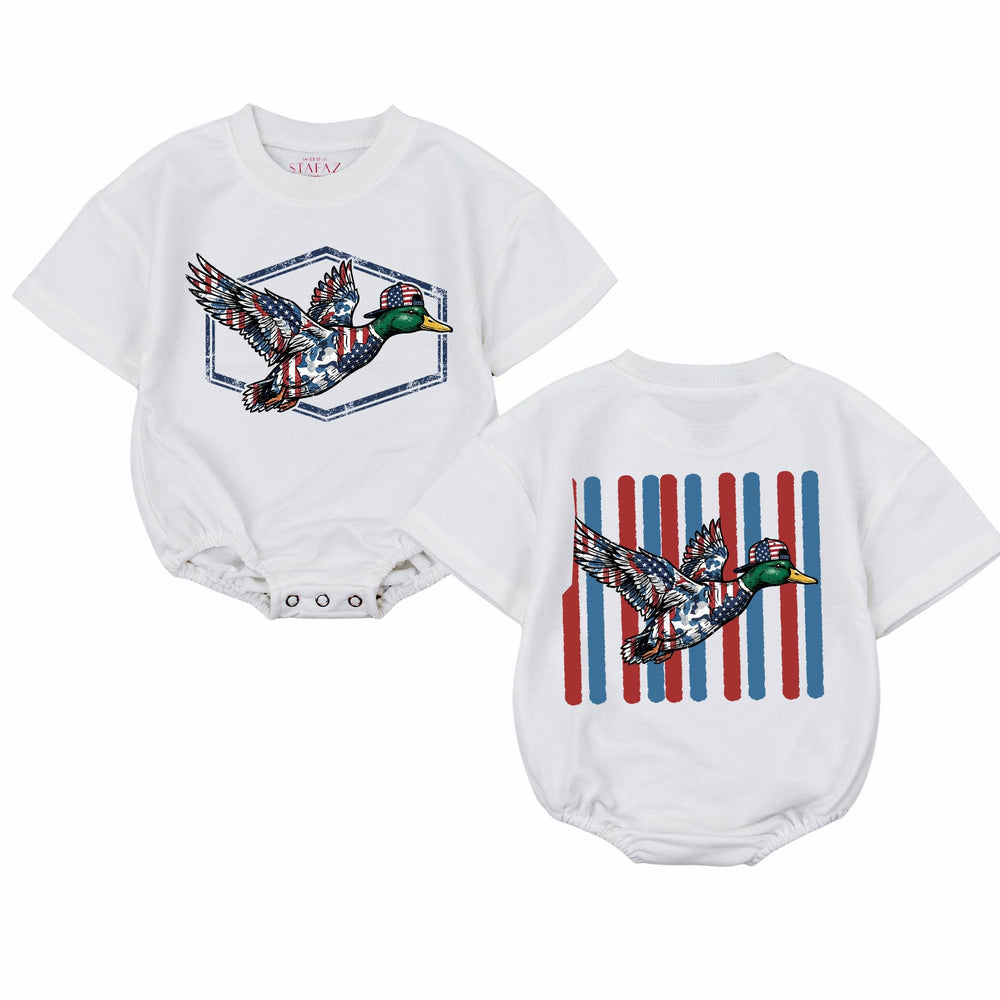 Patriotic Baby Romper with Flying Mallard Duck American Flag Print 4th of July Outfit Rustic Vintage-Style Bodysuit Gift for Girls