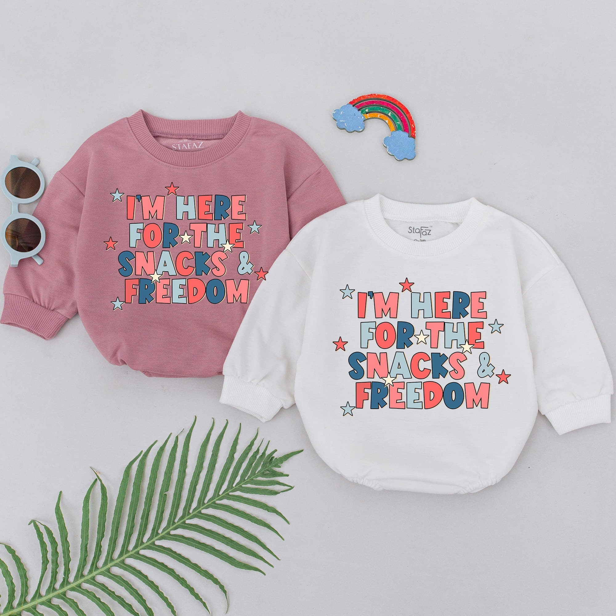 Patriotic Baby Romper Red White Blue Stars I'm Here for the Snacks and Freedom 4th of July Outfit Soft Cotton Infant Boy Girl Gift