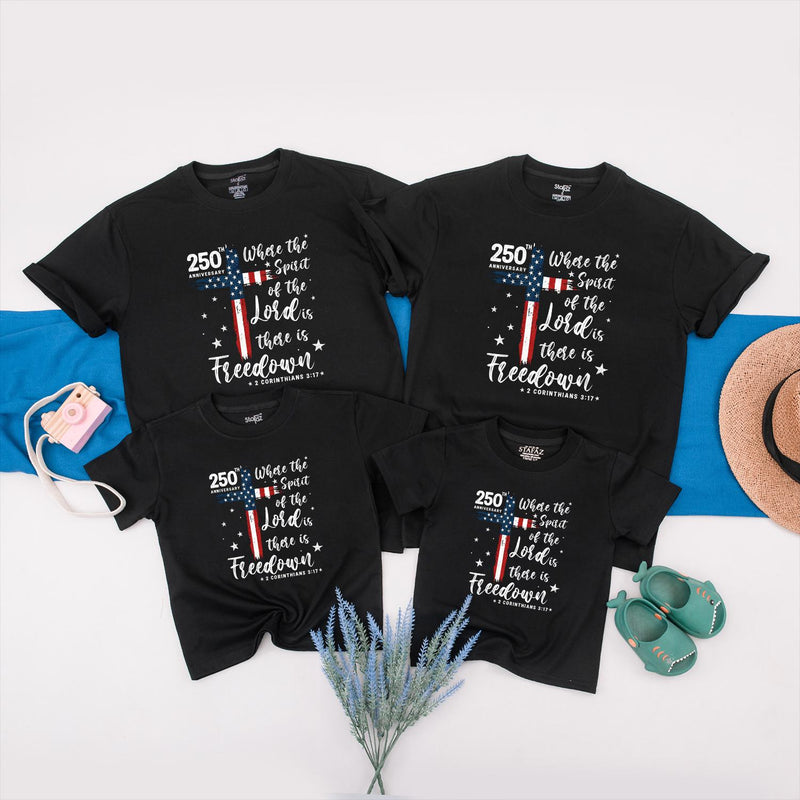 Patriotic Christian Family Shirts with Bible Verse, 250th America Freedom Tee for Kids, Adults & Babies, Soft Cotton 4th of July Outfits