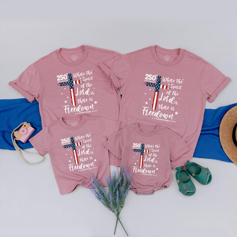 Patriotic Christian Family Shirts with Bible Verse, 250th America Freedom Tee for Kids, Adults & Babies, Soft Cotton 4th of July Outfits