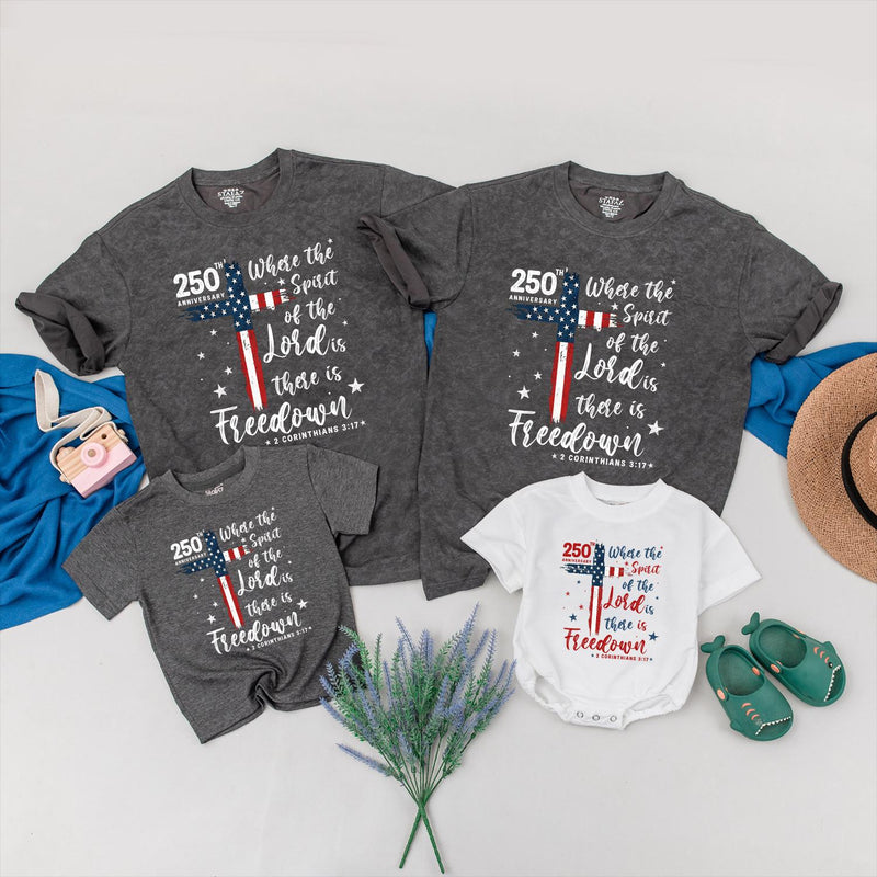Patriotic Christian Family Shirts with Bible Verse, 250th America Freedom Tee for Kids, Adults & Babies, Soft Cotton 4th of July Outfits