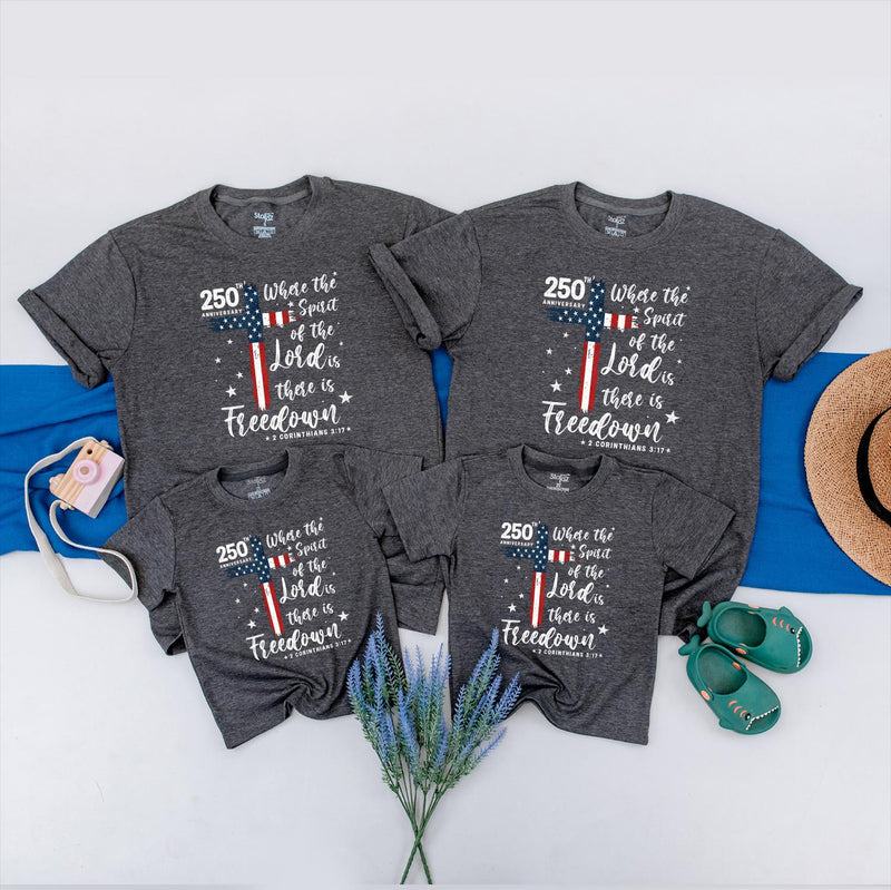 Patriotic Christian Family Shirts with Bible Verse, 250th America Freedom Tee for Kids, Adults & Babies, Soft Cotton 4th of July Outfits
